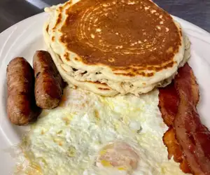 Pancakes, eggs, sausage and bacon